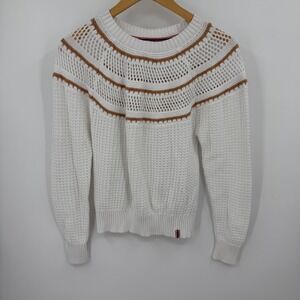 Hunter Womens White Cotton Knit Crochet Yoke Sweater Tan Stripe Med Preppy Boho